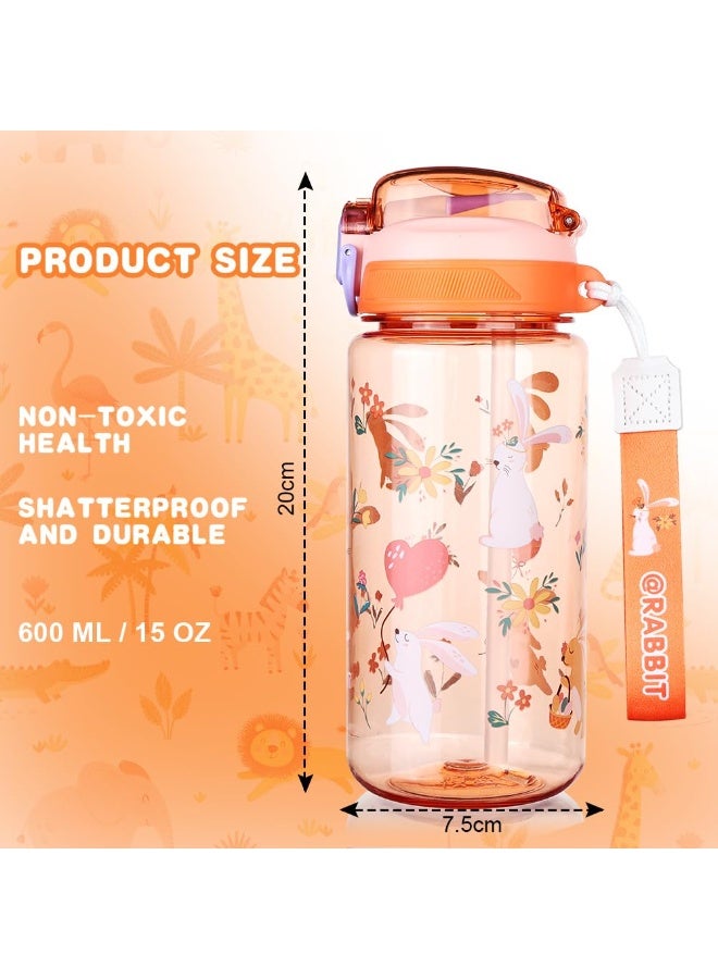 السيد باندا زجاجات مياه للأطفال مع ماصة، زجاجة مشروبات للأطفال الصغار بسعة 600 مل للمدرسة، زجاجة أطفال مانعة للتسرب خالية من BPA من تريتان، زجاجة رياضية للبنات والأولاد (زهري برتقالي   أرنب) - Image 2